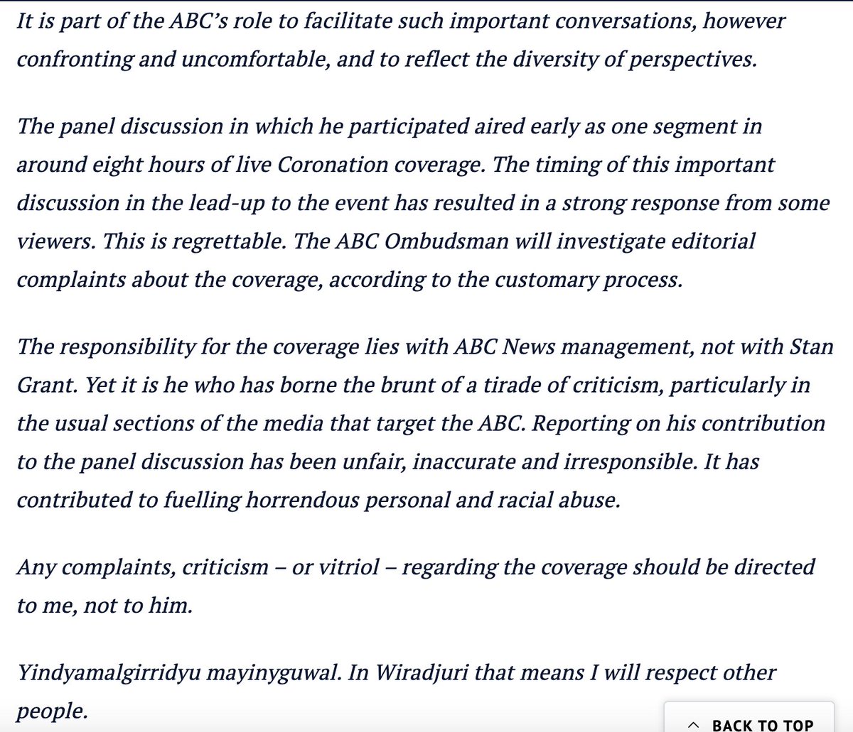 The statement from Justin Stevens, ABC director of news. #StanGrant