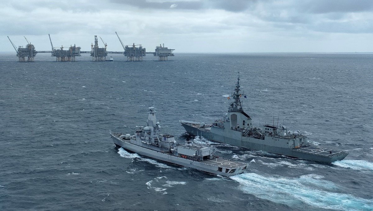 #NATO ships continue to monitor the North Sea. #SNMG1 ships 🇳🇱 HNLMS Van Amstel and 🇪🇸 ESPS Alvaro de Bazan sailing near the platforms at Johan Sverdrup oil field, providing a visible presence &amp; reinforcing security at sea. #DeterandDefend #WeAreNATO