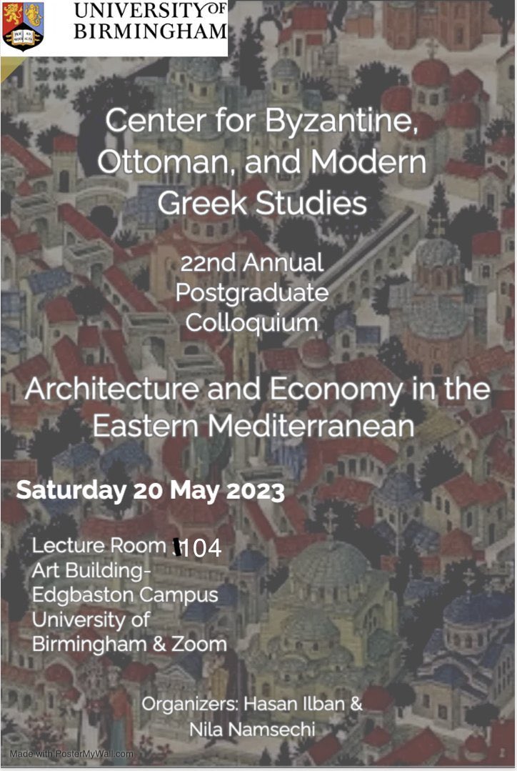 IT’S HAPPENING TOMORROW 
Join us in <a href="/artsatbham/">College of Arts+Law</a> at <a href="/unibirmingham/">Uni of Birmingham</a> to listen to some fascinating papers around the topic of Architecture and economy in the Byzantine empire and Eastern Mediterranean. <a href="/CbomgsU/">CBOMGS UoB</a> <a href="/CAHAPGForum/">CAHA PG Forum</a> <a href="/CAHA_UoB/">CAHA UoB</a> @CAL_Postgrads <a href="/CeSMABirmingham/">CeSMA Birmingham</a>