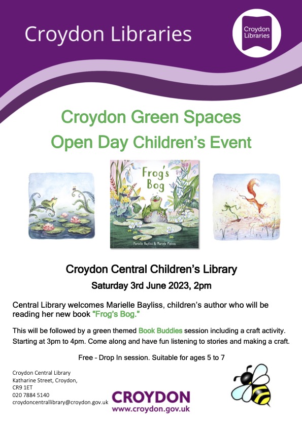 MarielleBayliss's tweet photo. Tickled green to be part of the Croydon Green Spaces Event at 2pm - lots going on all day for families! #croydon #croydonlibrary #kidsactivities #halfterm #authorevent #storytime #ChildrensBooks #kidlit #supportlibraries https://t.co/IMOTpXrSFd