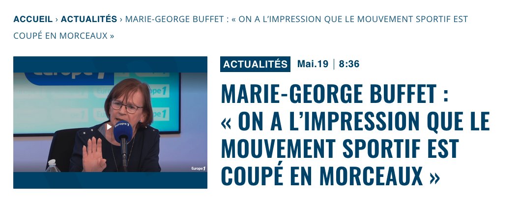 À écouter assurément ! sur <a href="/Europe1/">Europe 1</a>  Marie-Georges Buffet Reconnaissance du sport et du mouvement sportif, démocratie dans les fédérations, parité,  élections par les clubs, présence de l'opposition dans les CA des fédérations, violences,  condition d'entrainement dans la haute