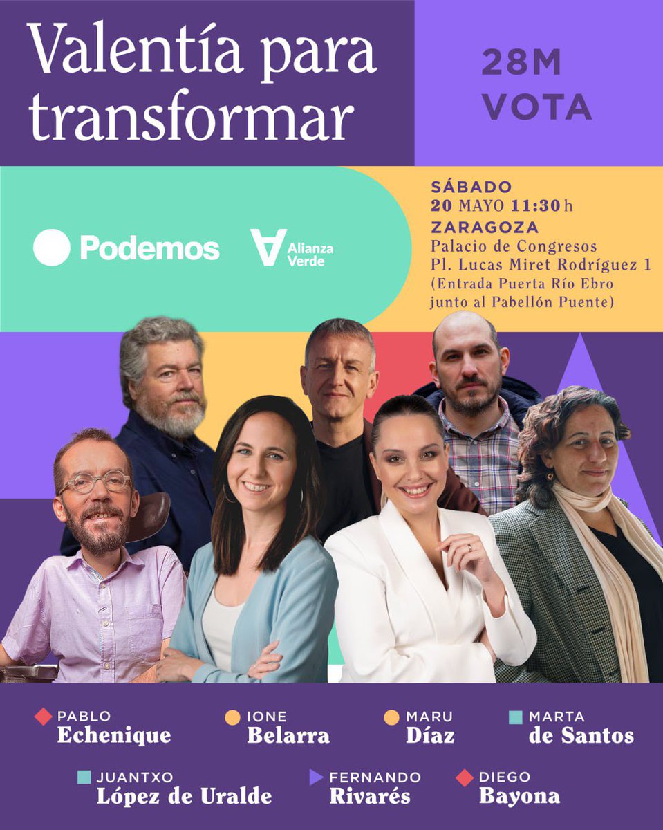 Mañana es nuestro mitin central junto a <a href="/MaruDiazCalvo/">Maru Díaz</a>, <a href="/ionebelarra/">Ione Belarra</a>, <a href="/PabloEchenique/">Pablo Echenique</a>, <a href="/juralde/">Juan López de Uralde</a>, @Fernandorivares,@Bayona_DBM y <a href="/Martafigonera/">Marta de Santos</a>. ¡No te lo puedes perder!