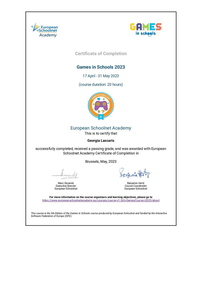 glascaris's tweet photo. Just completed the very interesting  Mooc  "Games 🎮 in Schools 🚸 2023" 💯 !! Thank you @olliebray @eu_schoolnet for this experience!! #EuropeanSchoolAcademy @ISFE_Games #gamification https://t.co/rE1iGuv31j