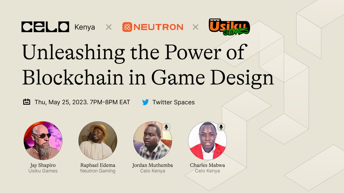 📢Calling all gamers, developers, and blockchain enthusiasts! Get ready to discover how Blockchain is reshaping the gaming landscape, fostering creativity, and empowering players like never before. 1/1

🗓️ 25th May 2023
⏰ 7 PM EAT
Set reminder: x.com/i/spaces/1jMKg…

<a href="/CeloOrg/">Celo</a>