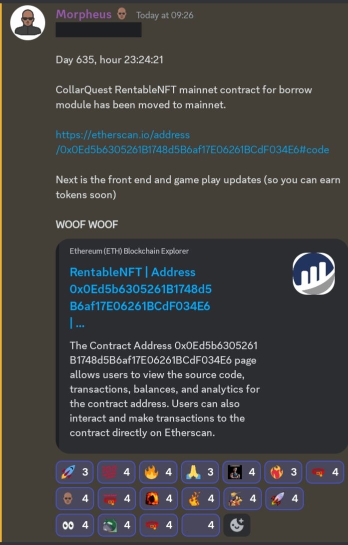 shibababyshib's tweet photo. #CollarQuest RentableNFT mainnet contract for borrow module has been moved to mainnet. This is it #COLLARCREW the hardwork already has a RESULT.
@DogCollarToken #Manager #NFT #DEFI #GAMEFI #DAO https://t.co/KywlmZcef2