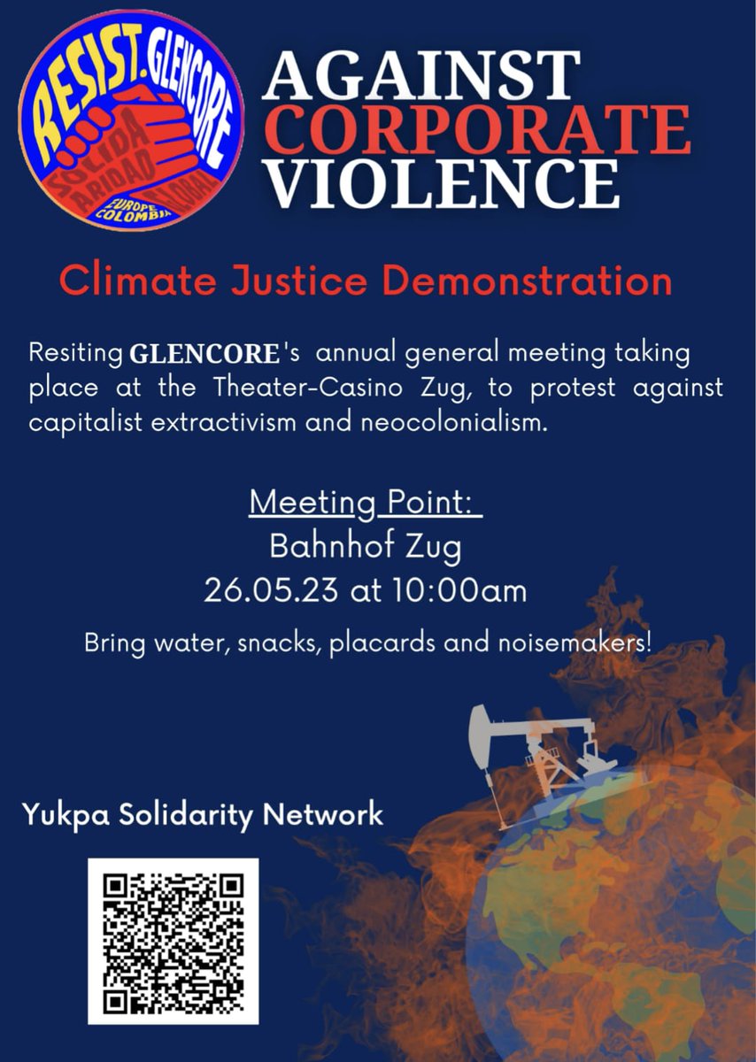 resist_glencore's tweet photo. 📢🔥✊🏾🇨🇭
Join us NEXT WEEK in Switzerland at Glencore's AGM. Glencore must be held accountable for their violent dispossession of Yukpa and Wayuu ancestral lands, and their continued destruction, pollution and genocide of earth and people. https://t.co/zMJ5giQg42