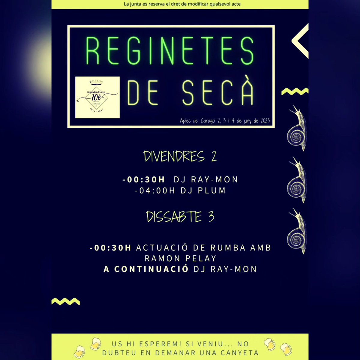 Menys d'un mes per l'<a href="/AplecCaragol/">Aplec Caragol Lleida</a> família #Regineta 🐌💚

Us presentem el nostre programa d'activitats i les actuacions que tindrem durant aquesta #Aplec2023 , amb el gran @ramonpelay &amp; @djray_mon 🎤🎧

Gaudirem tots plegats😍

#Reginetesdeseca #Reginetes #Aplec #Lleida