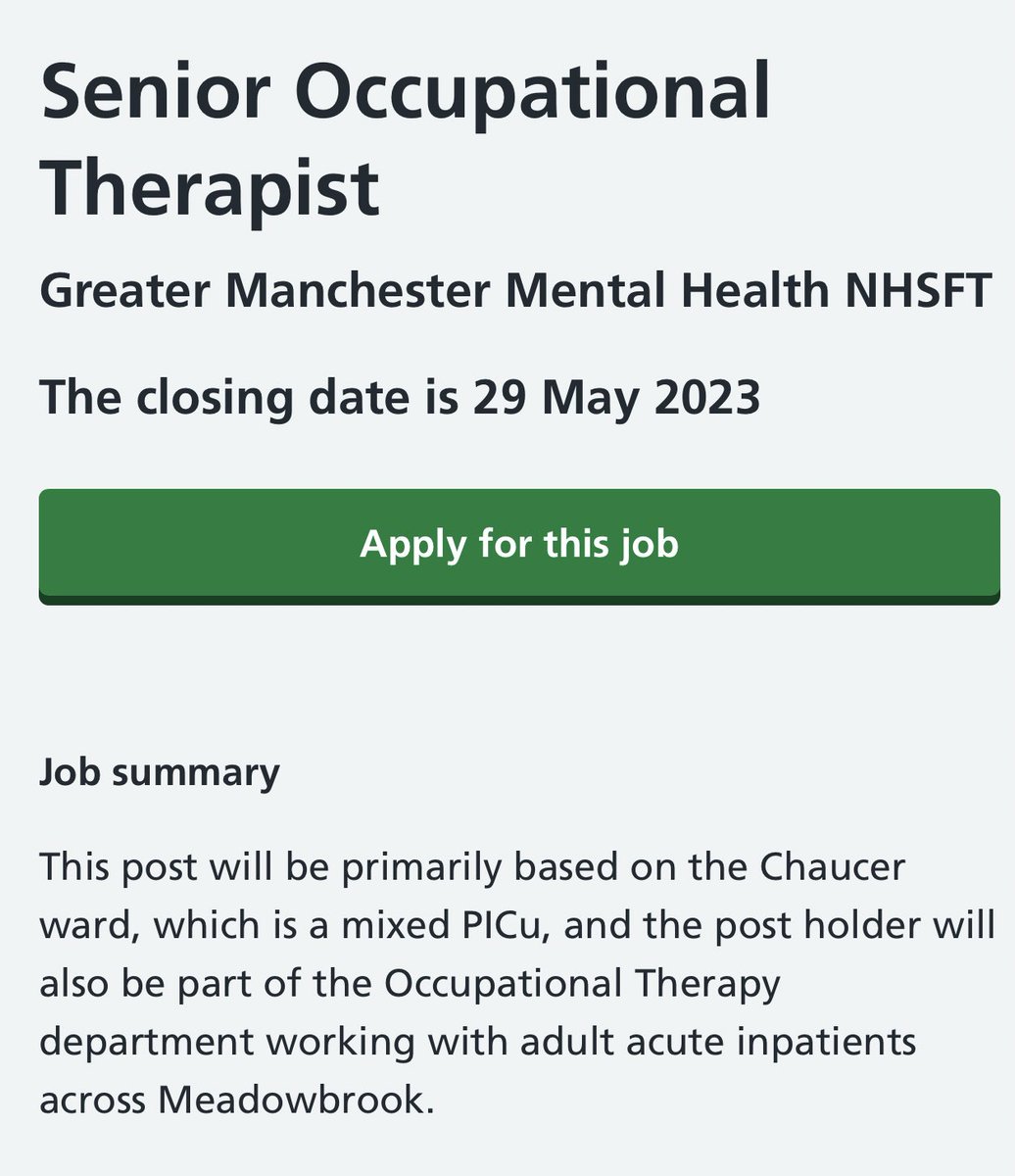 Exciting opportunity to come and be part of our Occupational Therapist team at Meadowbrook ⭐️⭐️ APPLY!! beta.jobs.nhs.uk/candidate/joba…