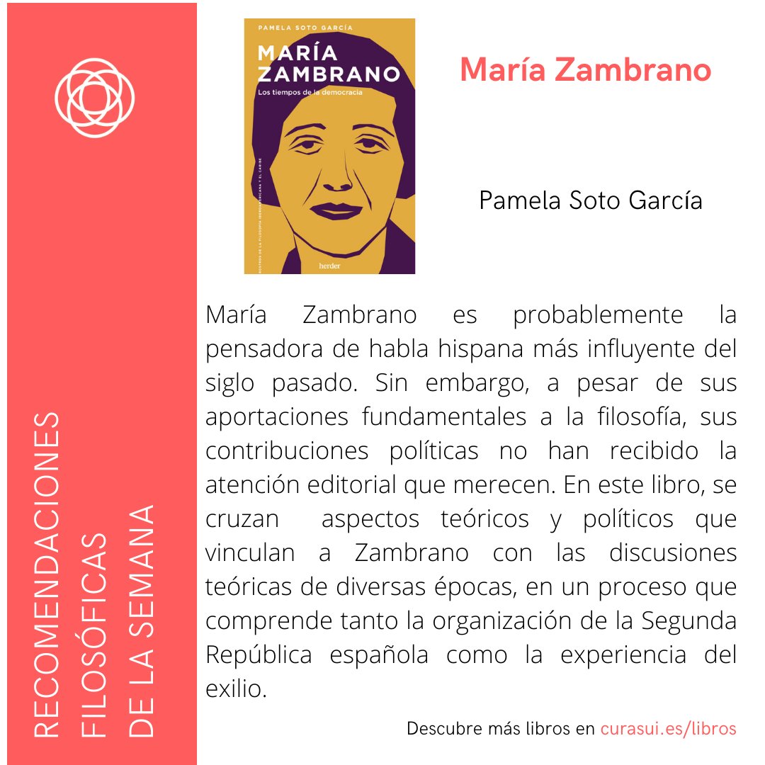 Esta semana os recomendamos "María Zambrano" de Pamela Soto Garcia, Ed. Herder

#filosofía #autoconocimiento #curasui #curasumundi #acompañamiento #pensamientocrítico #acompañamientofilosofico #filosofiaaplicada