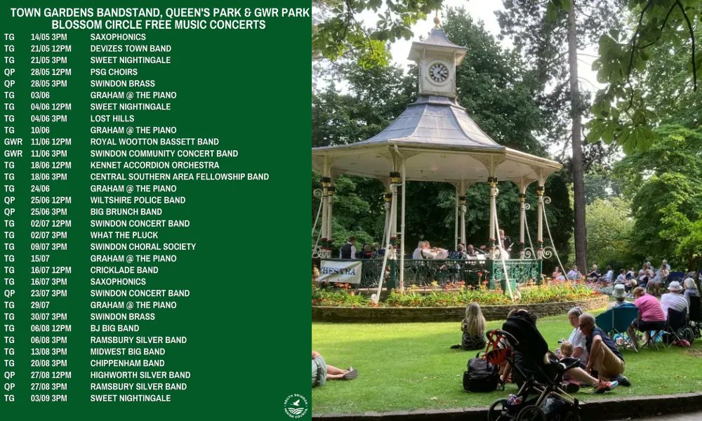 TotalSwindon's tweet photo. Free Music Concerts in #Swindon 🎶
Throughout the summer, South Swindon Parish Council are putting on a series of free music concerts at the Town Gardens, GWR Park and Queen's Park. 

Zoom in on the image for timings, locations and who will be performing! https://t.co/r4OadFASSg
