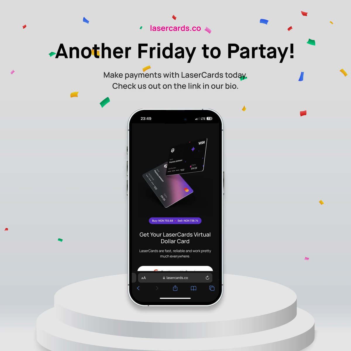 lasercardsco's tweet photo. Get Ready to Party this Friday! 🎉💳 

Make seamless payments with LaserCards and enjoy a stress-free weekend.

🙌💃 Check out https://t.co/yz7ZQl6moK for a convenient payment experience today!
#FridayVibes #LaserCards #virtualcards #ConvenientPayments https://t.co/aGkXYOf2RM