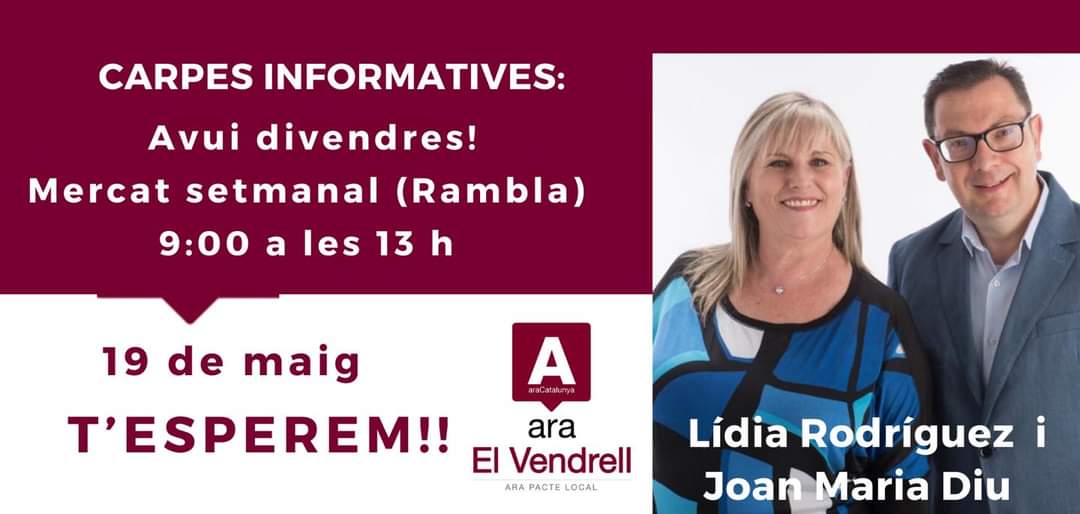 Bon dia, avui farem campanya a la Rambla #AraLídia <a href="/AraElVendrell/">Ara El Vendrell Pacte Local</a> <a href="/AraPacteLocal/">Ara Pacte Local</a> <a href="/convergents_cnv/">Convergents</a> <a href="/Pdemocratacat/">PDeCAT - Espai CiU</a> 
#VotaAraElVendrell
