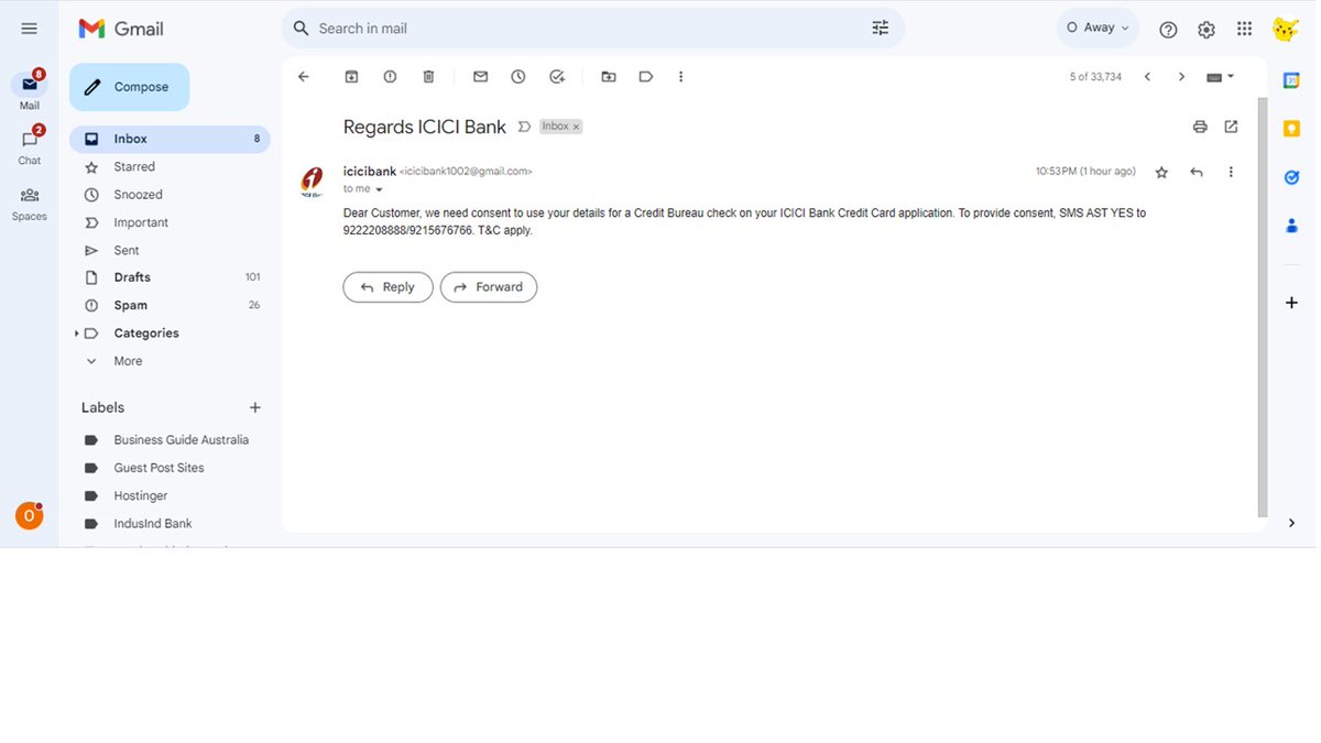 RahulRaikwar24's tweet photo. Is this Right or fraud ? 

Dear Customer, we need consent to use your details for a Credit Bureau check on your ICICI Bank Credit Card application. To provide consent, SMS AST YES to 9222208888/9215676766. T&amp;C apply.

@ICICIBank @ICICIBank_Care #ICICIBank https://t.co/hRZ5HIV2Xz