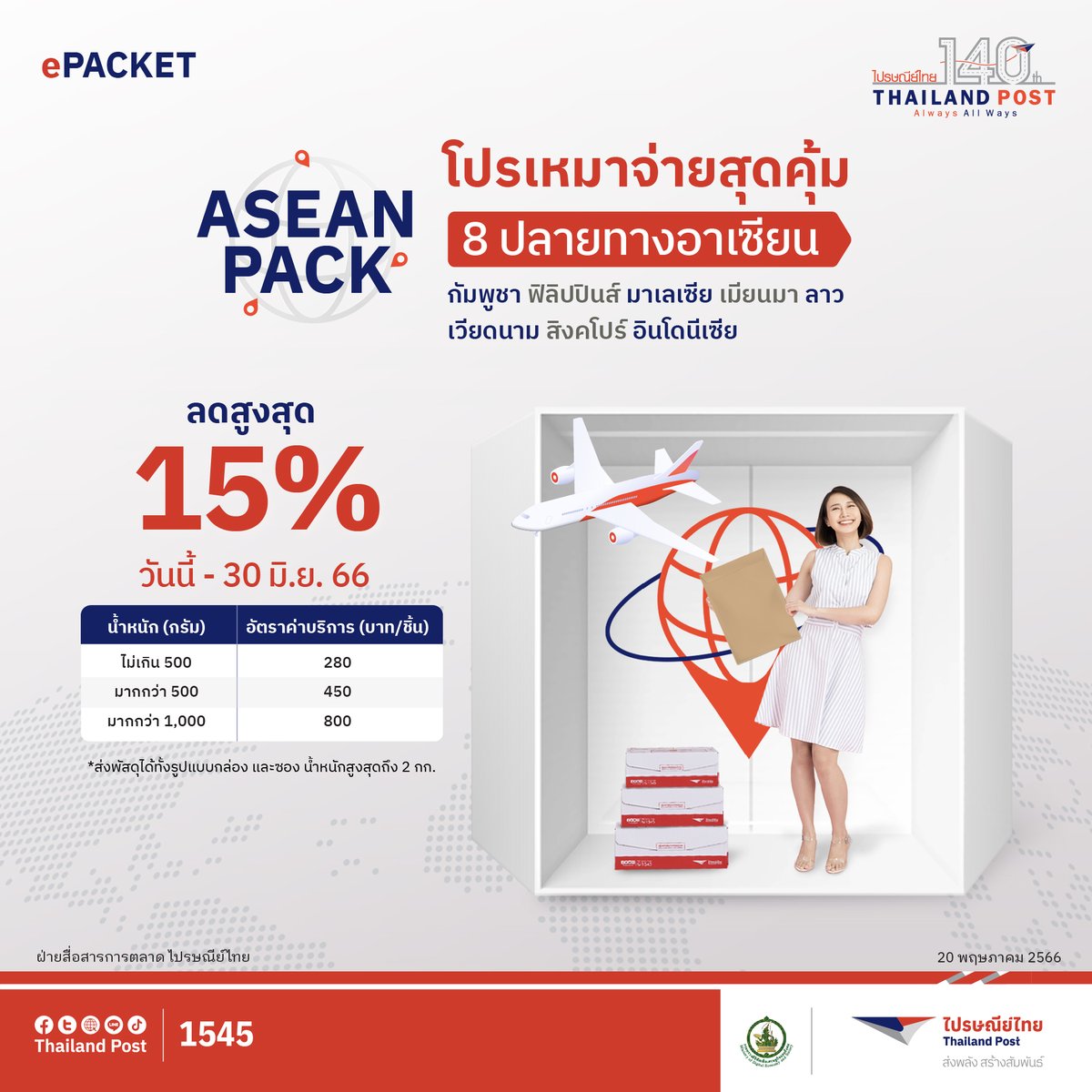 Thailand_Post's tweet photo. ส่งของไปต่างประเทศไม่แพงอย่างที่คิด!
ASEANPACK(เหมาจ่าย) โปรโมชัน ePacket 
เหมาจ่ายสุดคุ้ม 8 ปลายทางอาเซียน
กัมพูชา ฟิลิปปินส์ มาเลเซีย เมียนมา ลาว เวียดนาม สิงคโปร์ อินโดนีเซีย ลดสูงสุด15% วันนี้-30มิ.ย.66
https://t.co/I0cDtXaIjd
#THPostWorld
#พลังเชื่อมโลก
#140ปี #AlwaysAllWays https://t.co/M32dRETdeI