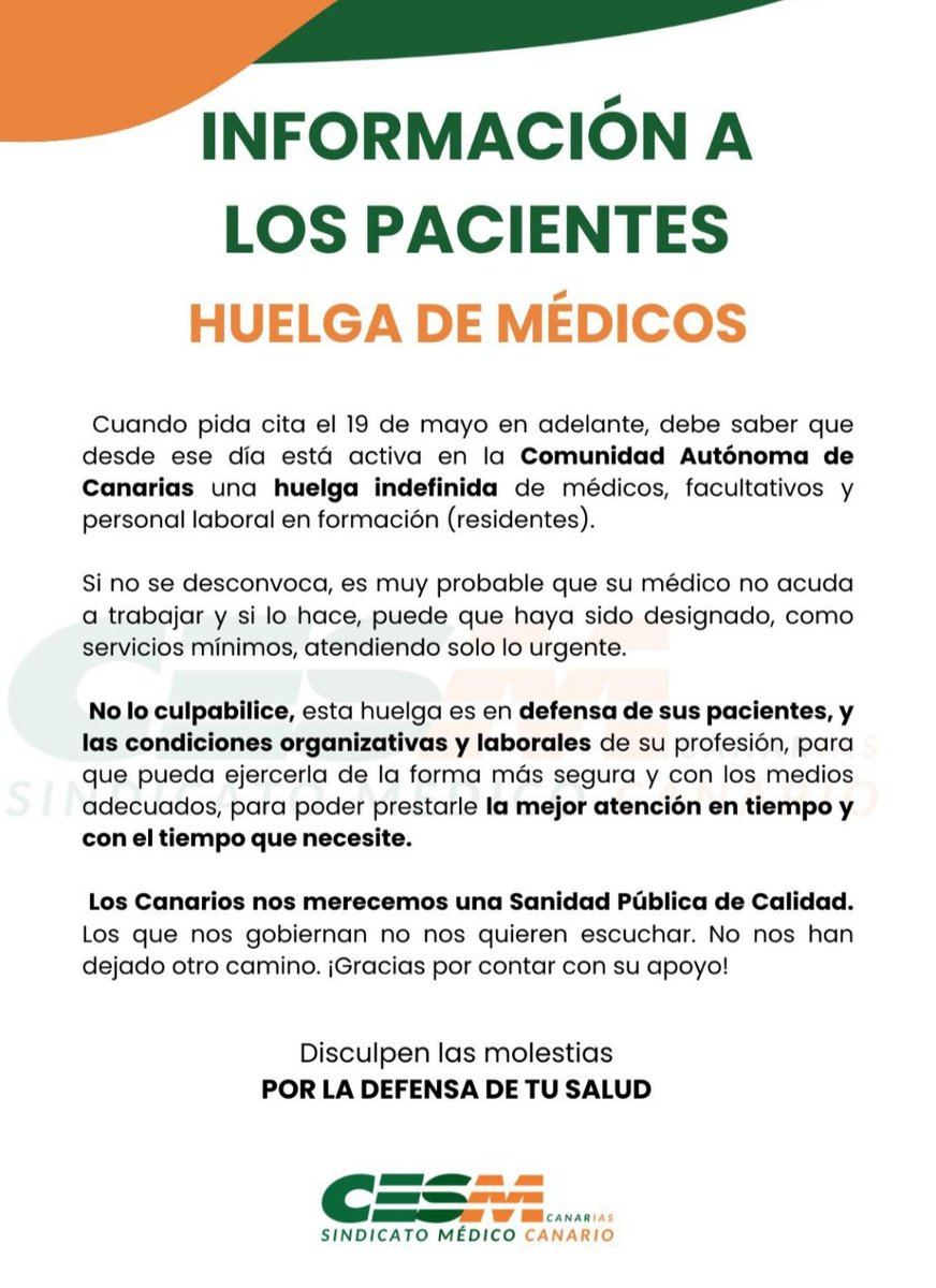 ArritmiasNegrin's tweet photo. 📢 HUELGA DE MÉDICOS:🧑🏻‍⚕️👩🏻‍⚕️

‼️COMIENZA LA HUELGA DE MÉDICOS PORQUE LOS CANARIOS🇮🇨 NOS MERECEMOS UNA SANIDAD PÚBLICA DE CALIDAD 🙏🏼

🏃🏻🏃🏻‍♀️ ÚNETE! 🫂 POR LA DEFENSA DE TU SALUD 🏥

📝 Toda la INFORMACIÓN aquí 👉🏼 https://t.co/kL0Gik4euX