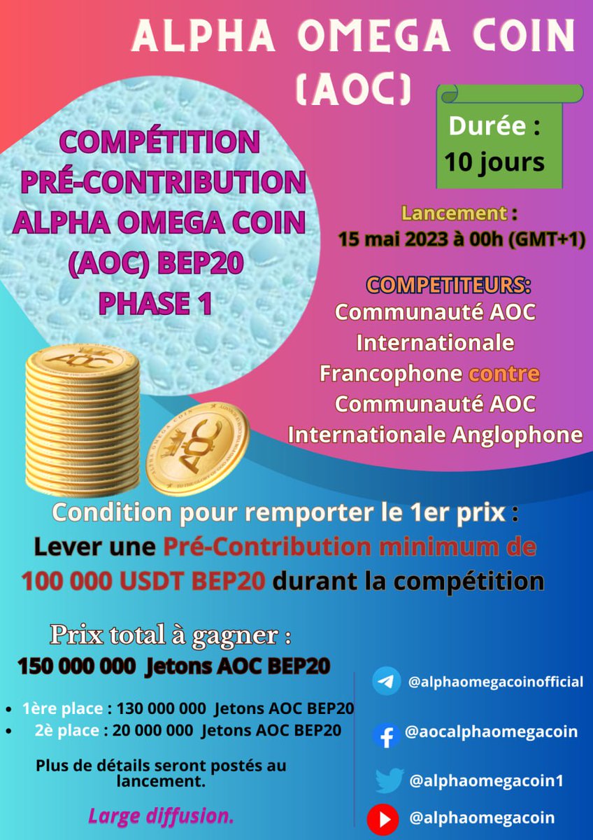 AlphaOmegaCoin1's tweet photo. 19 mai 2023

Compétition liée à la Pré-Contribution AOC BEP20 Phase 1: Appel à Participation Libre et Volontaire. 

Pour en savoir plus et savoir comment y participer, veuillez lire l'article entier en suivant ce lien : https://t.co/xSlG6D7AlZ

Large diffusion . 

Équipe Dirigeante AOC