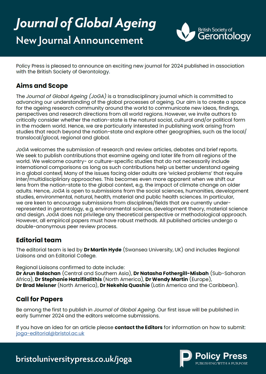 Very excited to announce a call for papers for the new Journal of Global Ageing. We are looking for papers from all regions of the world which help us better understand ageing in a global context