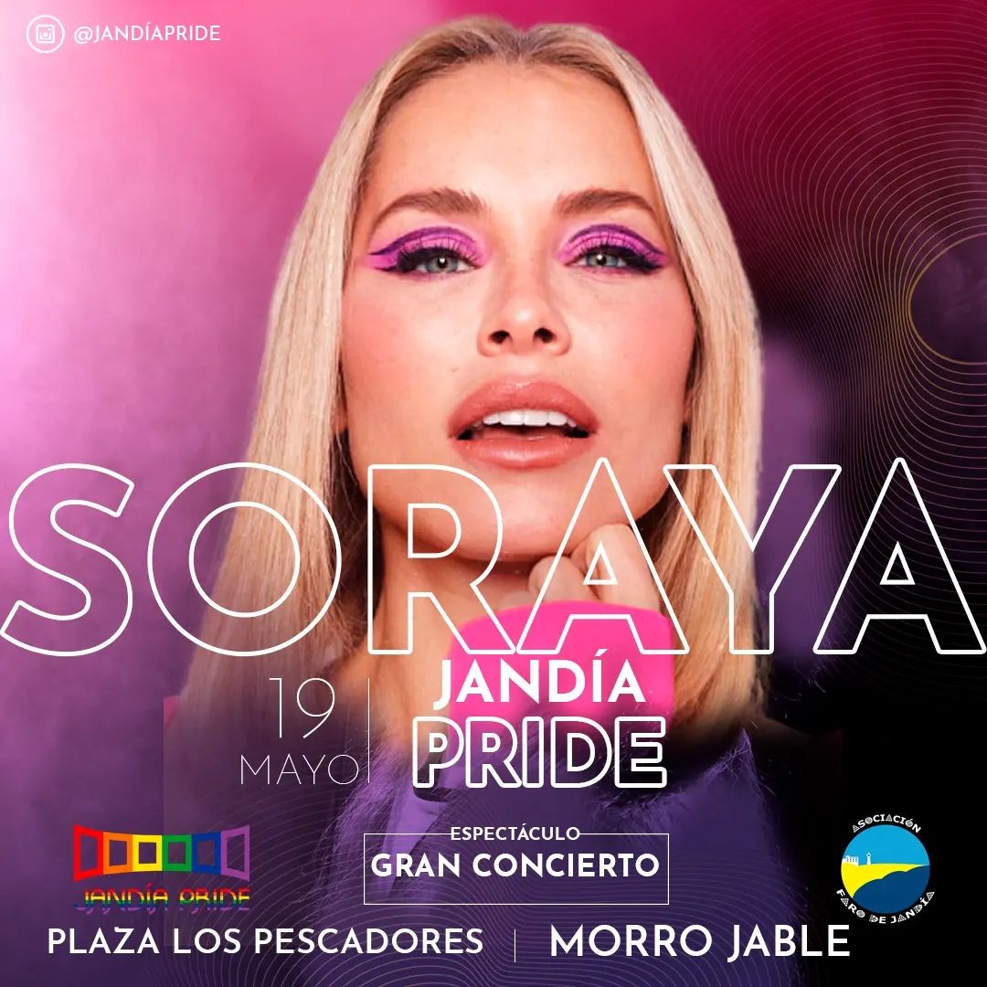 🎤  @SorayaArnelas en concierto 
📅 Viernes 19.05.2023
🕑 #JandiaPride
🏙️ Fuerte ventura 
🕋 Plaza los pescadores 
🎟 Acceso gratuito 
@ArtistaSuspiria 
#SorayaArnelas #Concierto #Gira2023 #LaCitaSoraya #MiMundoSinTi #TeQuieroATi #SegundaParte