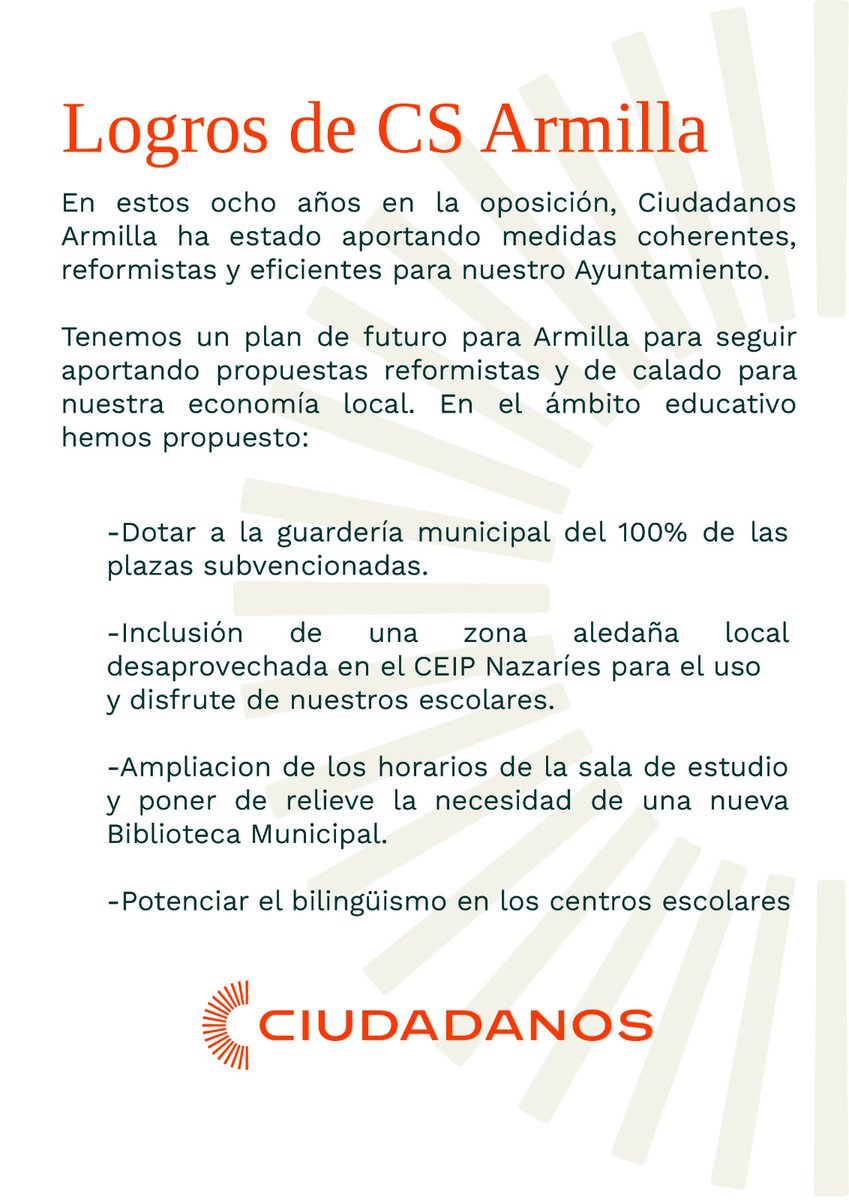 CsArmilla's tweet photo. 📙 Medidas impulsadas por CS #Armilla  relacionadas con la #educación #28M #PorLosTuyos #VotaCs @DavidMarquez37 https://t.co/23BHf1qA8z