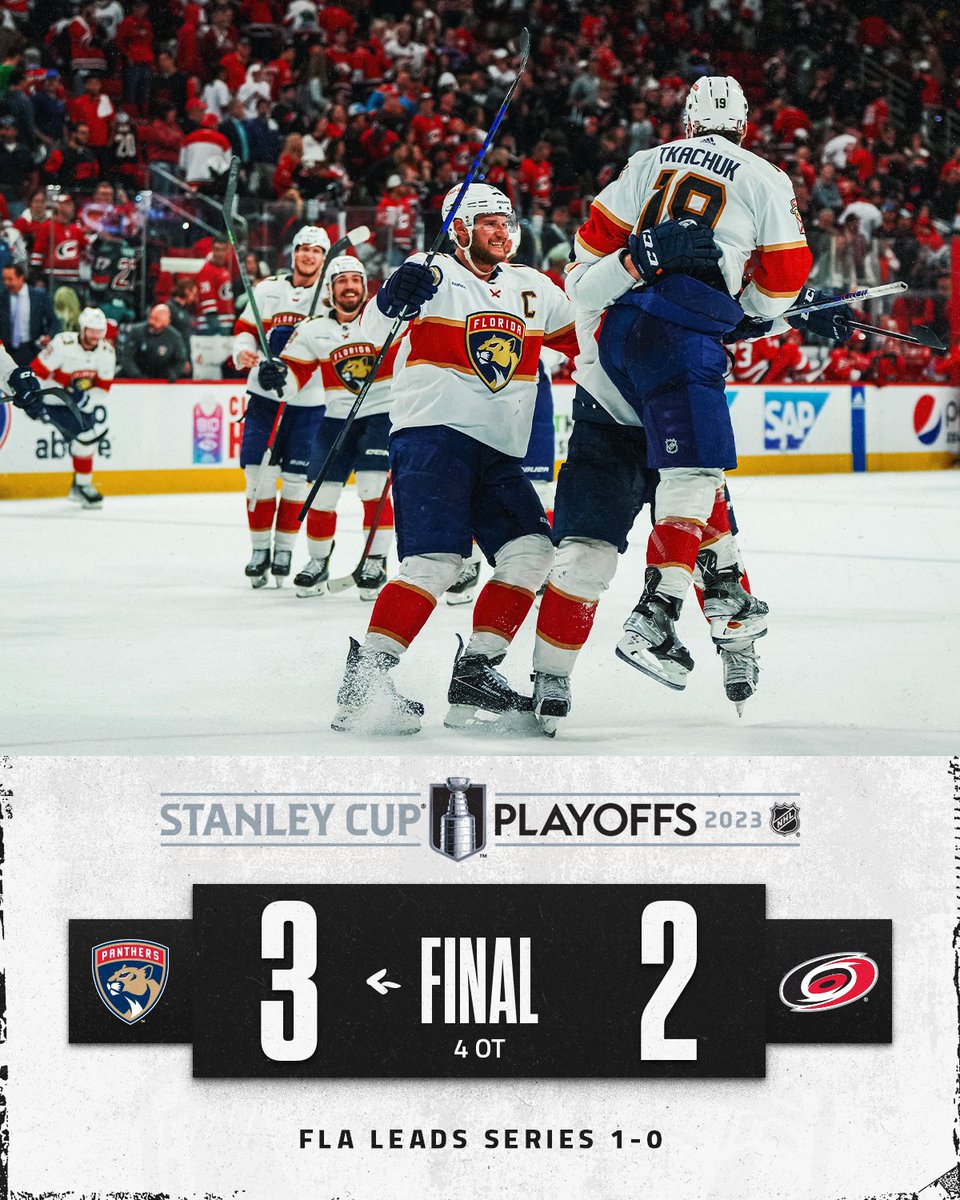 NHLPR's tweet photo. The @FlaPanthers became the third team in NHL history to win each of their first five overtime games in a single postseason and took an early lead in the Eastern Conference Final. #StanleyCup

#NHLStats: https://t.co/7Nc25cibAJ https://t.co/RkzAsif0bc