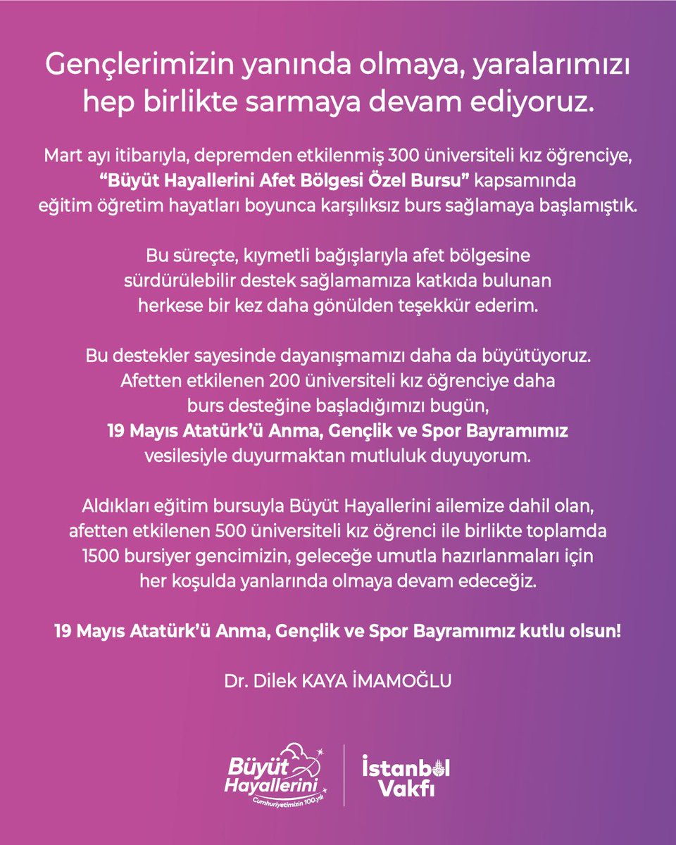 Depremden etkilenen 200 gencin daha <a href="/buyuthayalleri/">Büyüt Hayallerini</a> Afet Bölgesi Özel Bursu desteği almaya başladığını 19 Mayıs Atatürk'ü Anma Gençlik ve Spor Bayramımız vesilesiyle sizlerle paylaşmaktan mutluluk duyuyorum. Toplam 1500 bursiyerlerimizle dayanışma içinde olmaya devam edeceğiz.