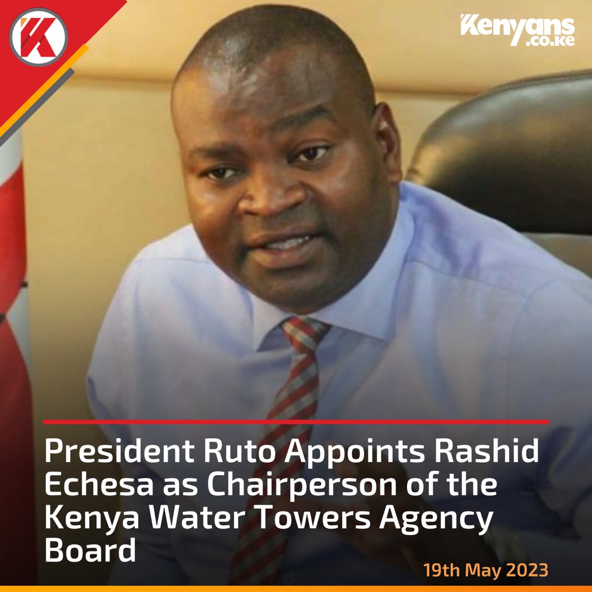 WaiguruMedia's tweet photo. Congratulations Rashid Echesa on your APPOINTMENT as the New Chairperson of the Kenya Water Towers Agency Board. https://t.co/LyyRcVXsWV