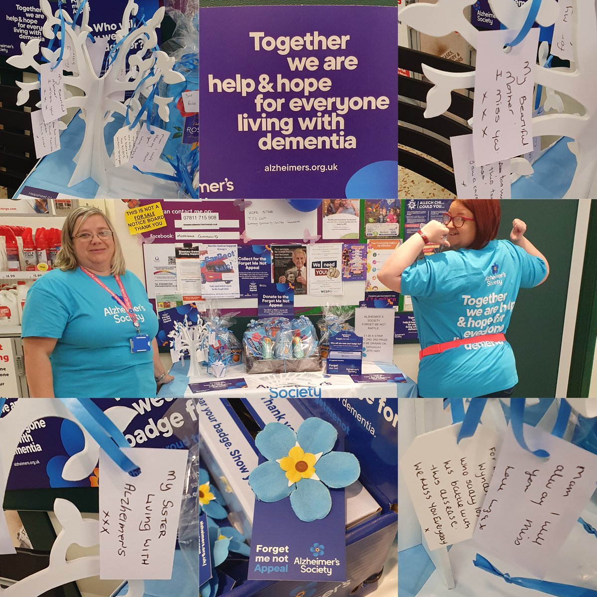 AlzSocCymru's tweet photo. Alzheimer's Society Dementia Advisers Aimee and Sarah had a successful day in Ebbw Vale's Morrisons store for Dementia Action Week. Some lovely memories messages were left on the memory tree. https://t.co/Ddq5LFMOA4