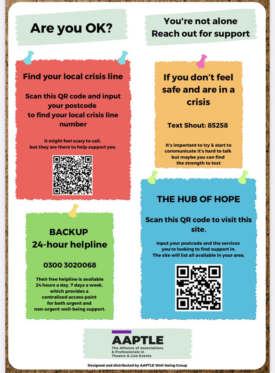 I proudly chair the <a href="/theAAPTLE/">AAPTLE</a> well-being working group. We have launched a signposting document with links for people that might need support. Perfect for that toilet door! Download it for free at the <a href="/theabtt/">The ABTT</a> website: abtt.org.uk/wp-content/upl…