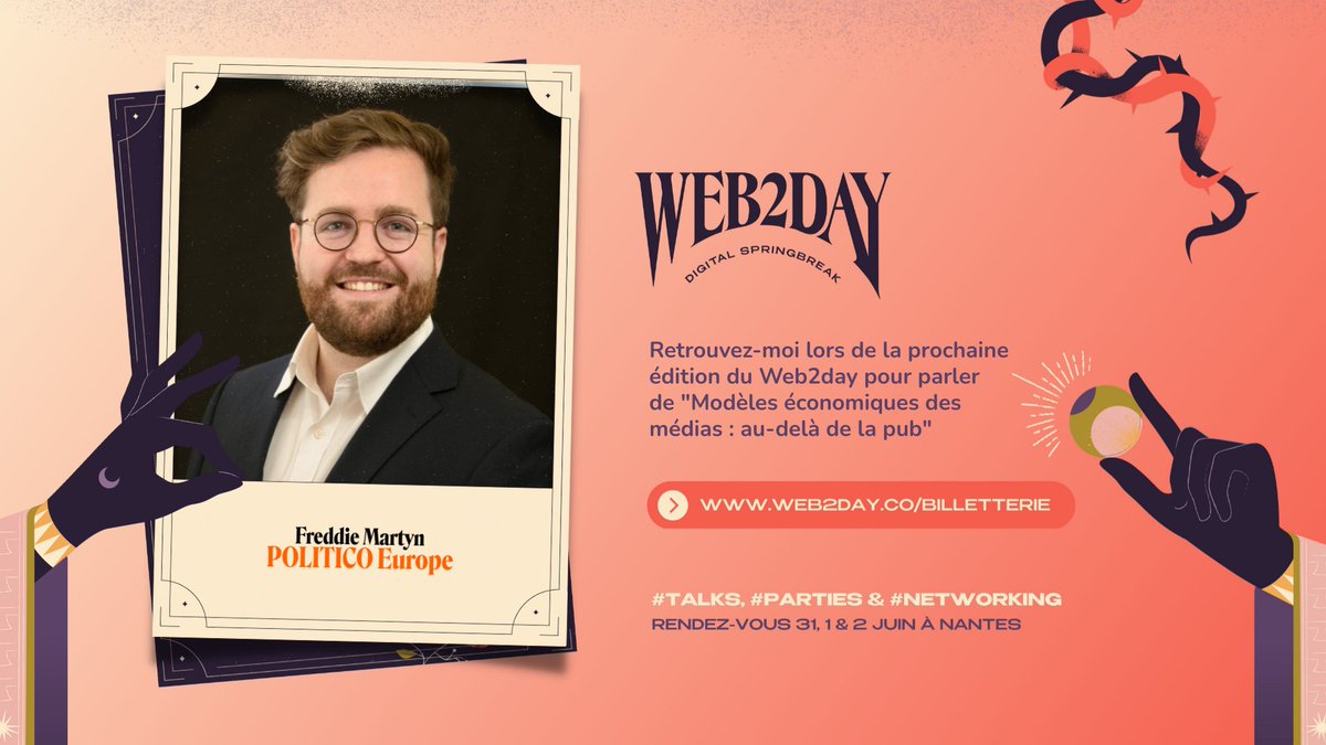 J'ai hâte d'intervenir au sein de la conference <a href="/web2day/">Web2day</a> le 2 juin pour parler de "modèles économiques des médias : au-delà de la pub".

Je serai sur scène avec <a href="/marionwyss/">Marion Wyss</a> <a href="/labastire/">Adrien Labastire</a> <a href="/LouGsr/">Lou Grasser</a> <a href="/bzante/">Benoit Zante</a> <a href="/JulietteQuef/">Juliette Quef</a>. 

Plus d'info ici 👉 web2day.co/event/modeles-… #Web2day