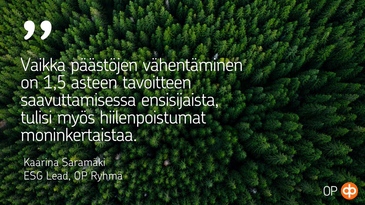 OP_Pohjola's tweet photo. Hiilenpoistumia tullaan tarvitsemaan entistä enemmän, mikäli päästöjen vähentämisessä ei onnistuta tavoitteiden mukaisesti, kirjoittaa @ksaramaki OP Mediassa: https://t.co/Upfdqg5bys

"Maankäyttösektorin hiilinieluista ja niiden roolista ilmastotavoitteiden saavuttamisessa käydään Suomessa paljon keskustelua."