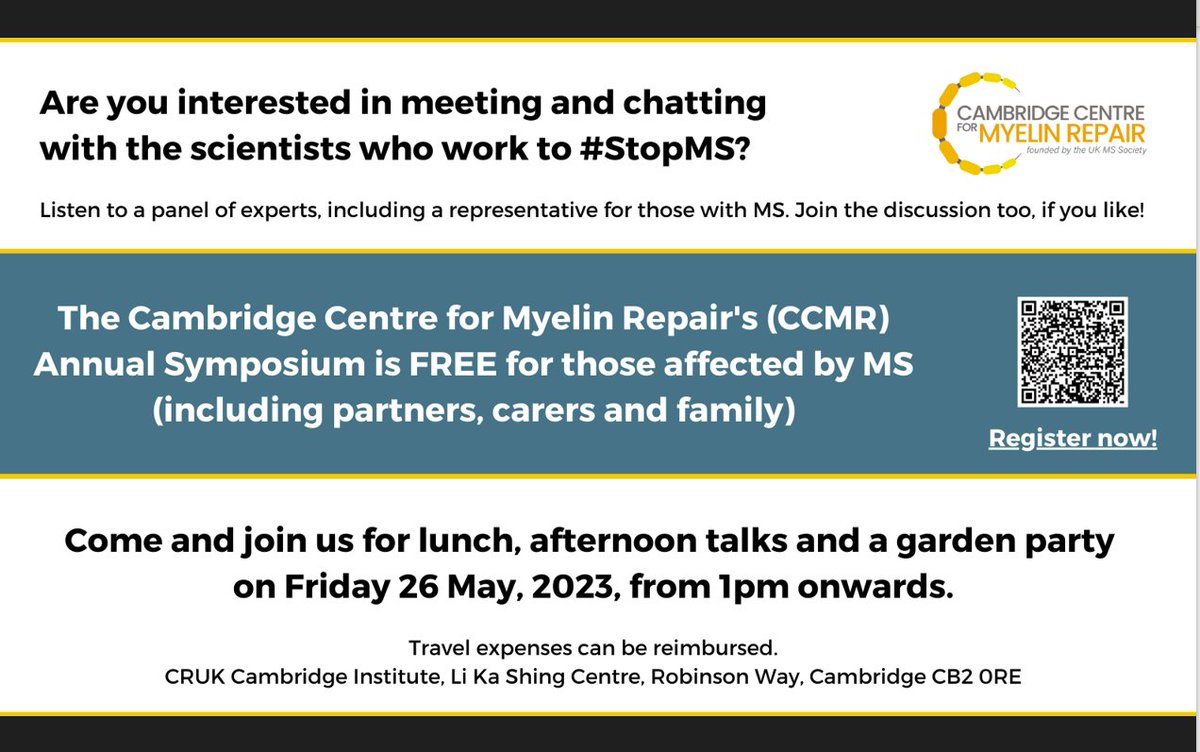CambridgeMS1's tweet photo. ** final reminder ** to register for the Cambridge Centre for Myelin Repair (CCMR)’s 2nd Annual Symposium.
Free to people affected by MS
Register here: https://t.co/O2EJaEhT7a https://t.co/YTSzWwE2Cb