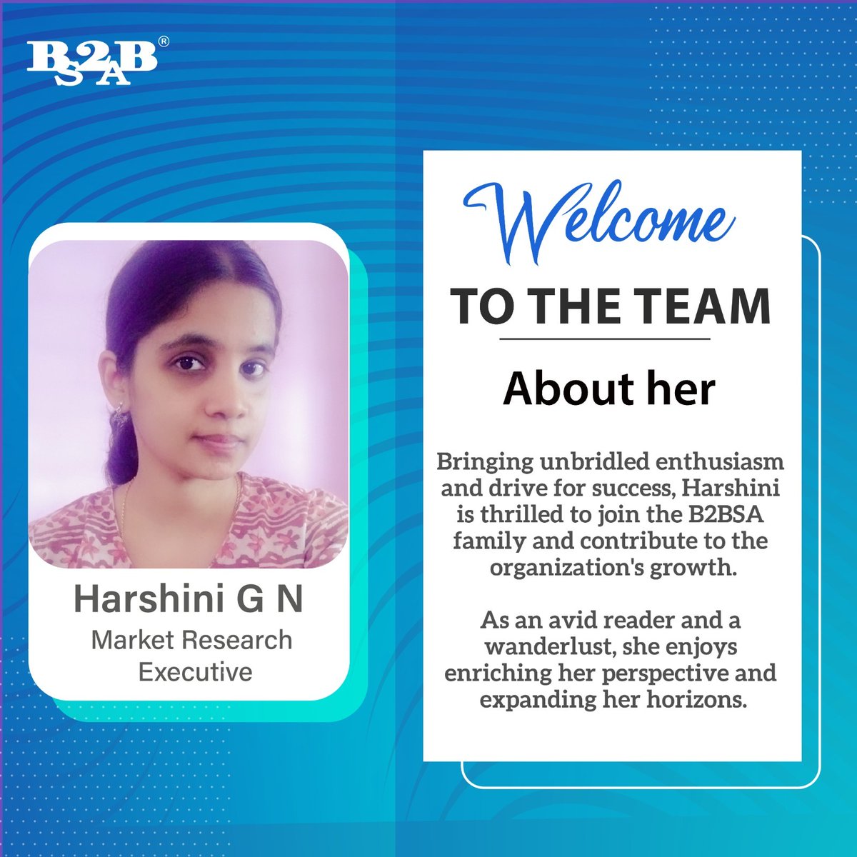 🥁🥳 Join us in extending a warm #welcome to Harshini G N, our newest addition to the #B2BSalesArrow family as Market Research Executive.

Congratulations Harshini! We wish you a fantastic future ahead with us! 🎉

#newhire #welcomeonboard #teambuilding #newteammate