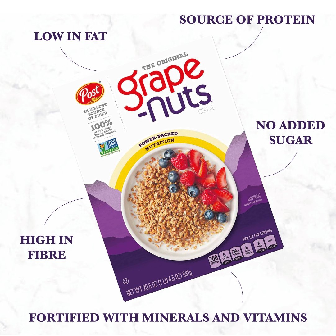 grapenutsUK's tweet photo. Pack some nutrition into your breakfast with Grape – Nuts #grapenuts #nograpesnonuts #noaddedsugar #nutritionalgoodness #lowinfat #highinfibre #sourceofprotein #powerpackednutrition #vitamins #minerals https://t.co/gKBtIj3dI4