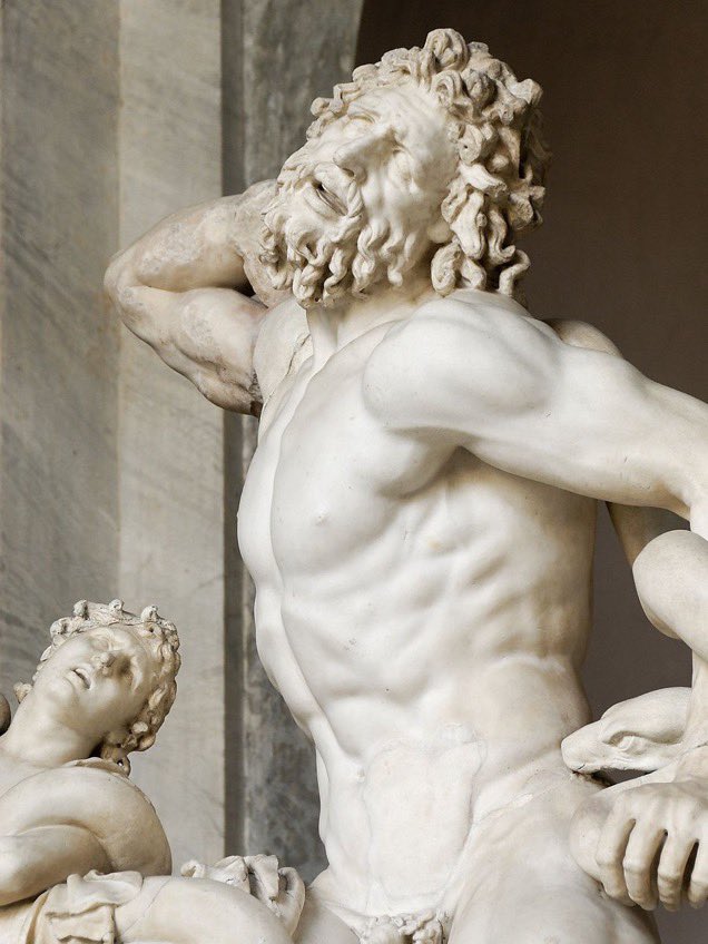 AliciaMimundo's tweet photo. “La mejor de todas las obras, tanto de escultura como de pintura” (Plinio el Viejo, Historia Natural) 

1. El Laocoonte y sus hijos es un grupo escultórico helenístico que probablemente se esculpió entre 170/150 a.C. y atribuida a Agesandro (o Hagesandro), Arenorodo y Polidoro de Rodas. 
Laocoonte, sacerdote troyano del culto a Apolo, se opuso a la idea de introducir el caballo dejado por los griegos dentro del recinto de la ciudad. Castigado por los dioses que ansiaban la destrucción de Troya, enviaron dos grades serpientes marinas para devorar al sacerdote e hijos, la pieza representa el momento en el que se enroscan en sus cuerpos. 
La escultura se encontró un 14 de enero de 1506 en un viñedo situado en la colina del Esquilino, en Roma. En este lugar se situó, anteriormente, la fabulosa Domus Aurea de Nerón. 

Lo puedes admirar en los Museos Vaticanos #Roma