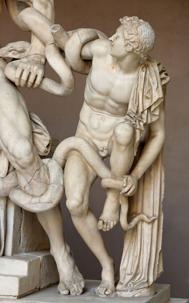 AliciaMimundo's tweet photo. “La mejor de todas las obras, tanto de escultura como de pintura” (Plinio el Viejo, Historia Natural) 

1. El Laocoonte y sus hijos es un grupo escultórico helenístico que probablemente se esculpió entre 170/150 a.C. y atribuida a Agesandro (o Hagesandro), Arenorodo y Polidoro de Rodas. 
Laocoonte, sacerdote troyano del culto a Apolo, se opuso a la idea de introducir el caballo dejado por los griegos dentro del recinto de la ciudad. Castigado por los dioses que ansiaban la destrucción de Troya, enviaron dos grades serpientes marinas para devorar al sacerdote e hijos, la pieza representa el momento en el que se enroscan en sus cuerpos. 
La escultura se encontró un 14 de enero de 1506 en un viñedo situado en la colina del Esquilino, en Roma. En este lugar se situó, anteriormente, la fabulosa Domus Aurea de Nerón. 

Lo puedes admirar en los Museos Vaticanos #Roma