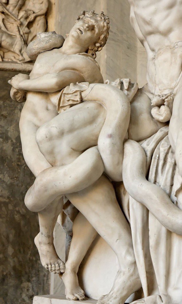 AliciaMimundo's tweet photo. “La mejor de todas las obras, tanto de escultura como de pintura” (Plinio el Viejo, Historia Natural) 

1. El Laocoonte y sus hijos es un grupo escultórico helenístico que probablemente se esculpió entre 170/150 a.C. y atribuida a Agesandro (o Hagesandro), Arenorodo y Polidoro de Rodas. 
Laocoonte, sacerdote troyano del culto a Apolo, se opuso a la idea de introducir el caballo dejado por los griegos dentro del recinto de la ciudad. Castigado por los dioses que ansiaban la destrucción de Troya, enviaron dos grades serpientes marinas para devorar al sacerdote e hijos, la pieza representa el momento en el que se enroscan en sus cuerpos. 
La escultura se encontró un 14 de enero de 1506 en un viñedo situado en la colina del Esquilino, en Roma. En este lugar se situó, anteriormente, la fabulosa Domus Aurea de Nerón. 

Lo puedes admirar en los Museos Vaticanos #Roma