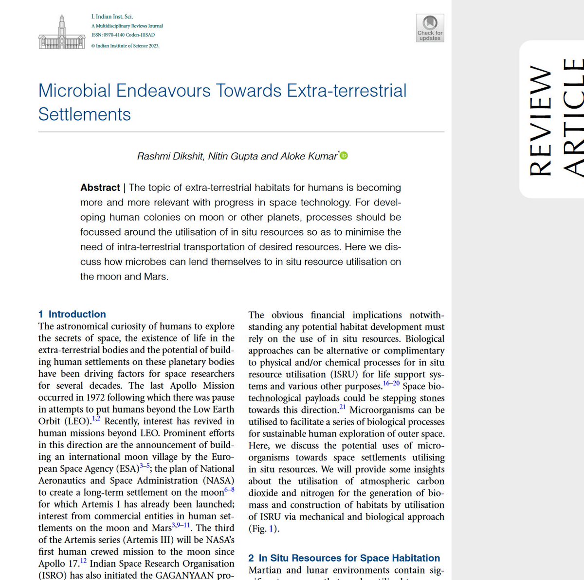 Humans in space is exciting, but so are bacteria in space !! We wrote this review article covering some aspects of how microbes may be essential for planetary settlements. We cover interesting works such as microbes which can be good candidates for Mars, biomineralization &...