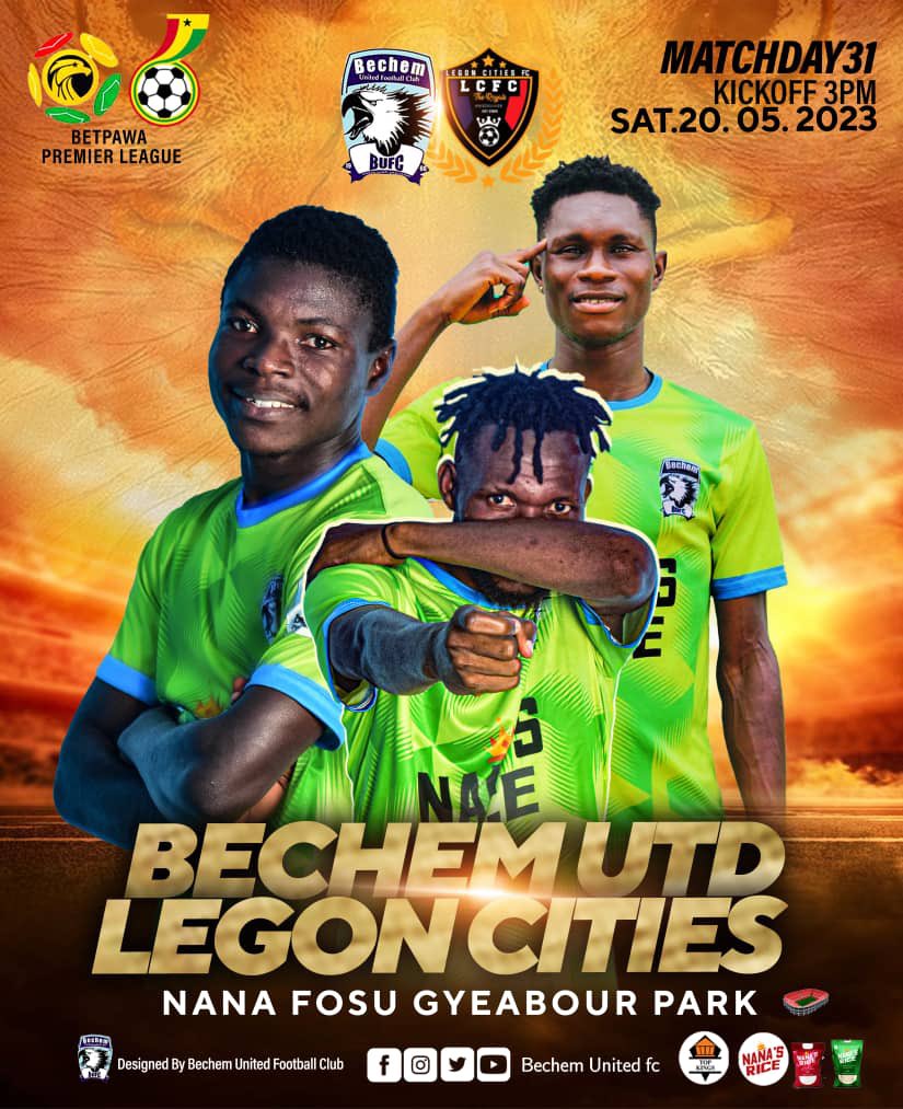 BechemUnitedFC's tweet photo. 𝗡𝗘𝗫𝗧 𝗠𝗔𝗧𝗖𝗛 🔜 🖐🏾

 HUNTING Till the END!🔥🦅

🆚 𝗟𝗲𝗴𝗼𝗻 𝗖𝗶𝘁𝗶𝗲𝘀
🏆 @GhanaLeague 𝗪𝗸 31
🗓️ Saturday, 20/ 05/ 23
🏟️ 𝗡𝗮𝗻𝗮 𝗙𝗼𝘀𝘂 𝗚𝘆𝗲𝗮𝗯𝗼𝘂𝗿 𝗣𝗮𝗿𝗸
⏱️ 3:00 𝗣𝗠 
🎫 𝗚𝗵𝗰 10, 𝗚𝗵𝗰 20

#BechemCities
#BUFC💚💙
#TheHunters🟡⚪🔵   | #PrideofAhafo https://t.co/a1pbuRq1G0