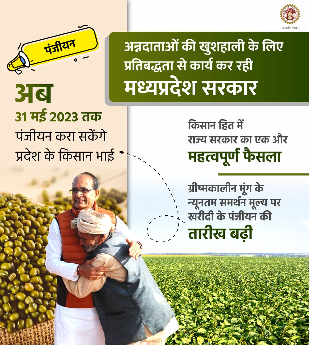 अन्नदाताओं की खुशहाली के लिए 
प्रतिबद्धता से कार्य कर रही है मध्यप्रदेश सरकार।

➡️किसान हित में राज्य सरकार का महत्वपूर्ण फैसला।

➡️किसान भाई अब 31 मई तक कर सकेंगे ग्रीष्मकालीन मूंग के न्यूनतम समर्थन मूल्य पर खरीदी के लिए पंजीयन।

#शिव_राज_में_विश्वास