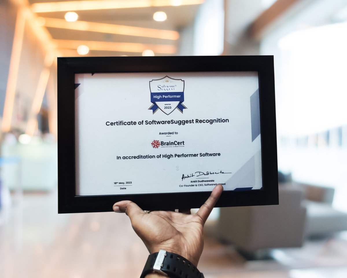 📣 Exciting Announcement! 🏆Happy to dedicate this prestigious recognition to our incredible community! 🎉BrainCert has received the High-performance Software Award from @SoftwareSuggest 🌟
#Lms #Awards2023 #virtualclassroom #onlinelearning #elearning