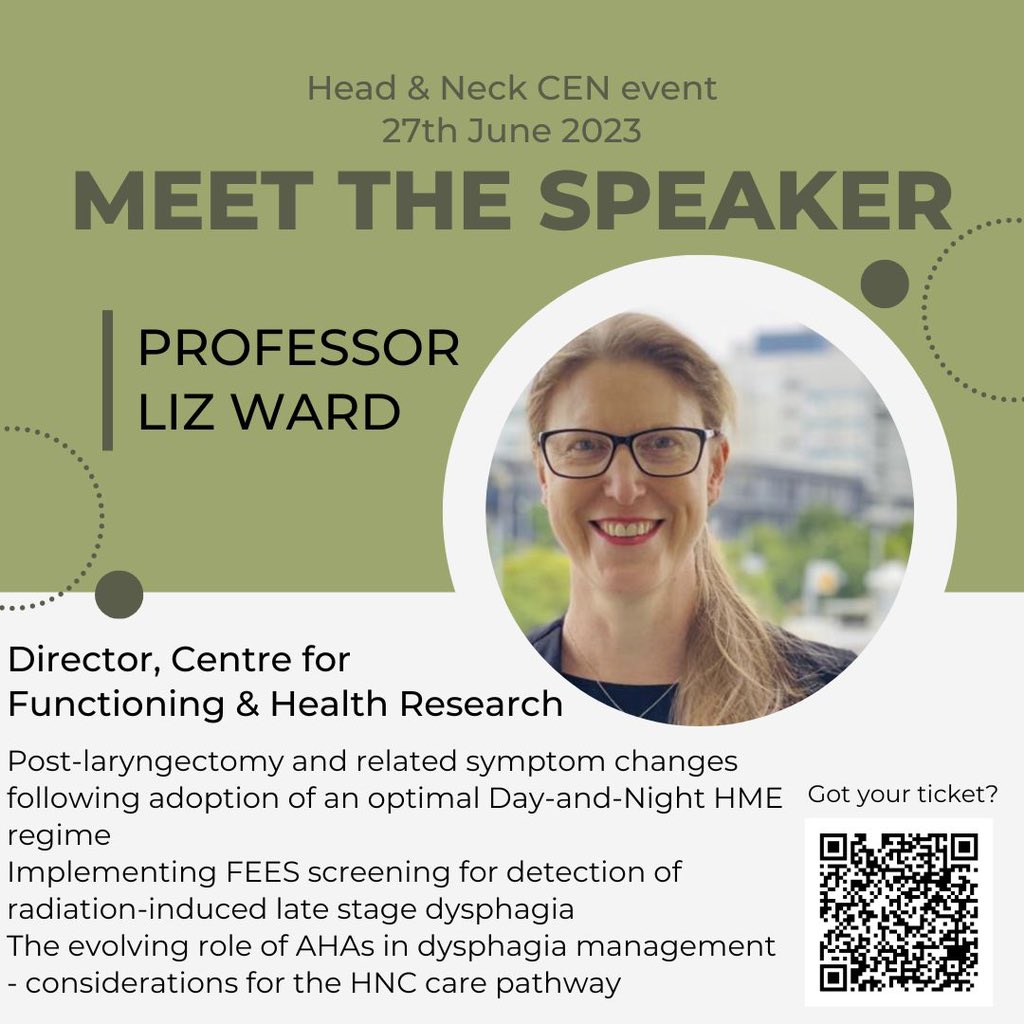 💫H&N Study Day💫

Meet the speakers:
We are proud to present Prof Liz Ward who will be speaking to us about -
🎉impact of day/night HME regime
🎉FEES screening for late stage post RT #dysphagia 
🎉role of #AHP assistants in dysphagia management & the #HNCancer pathway