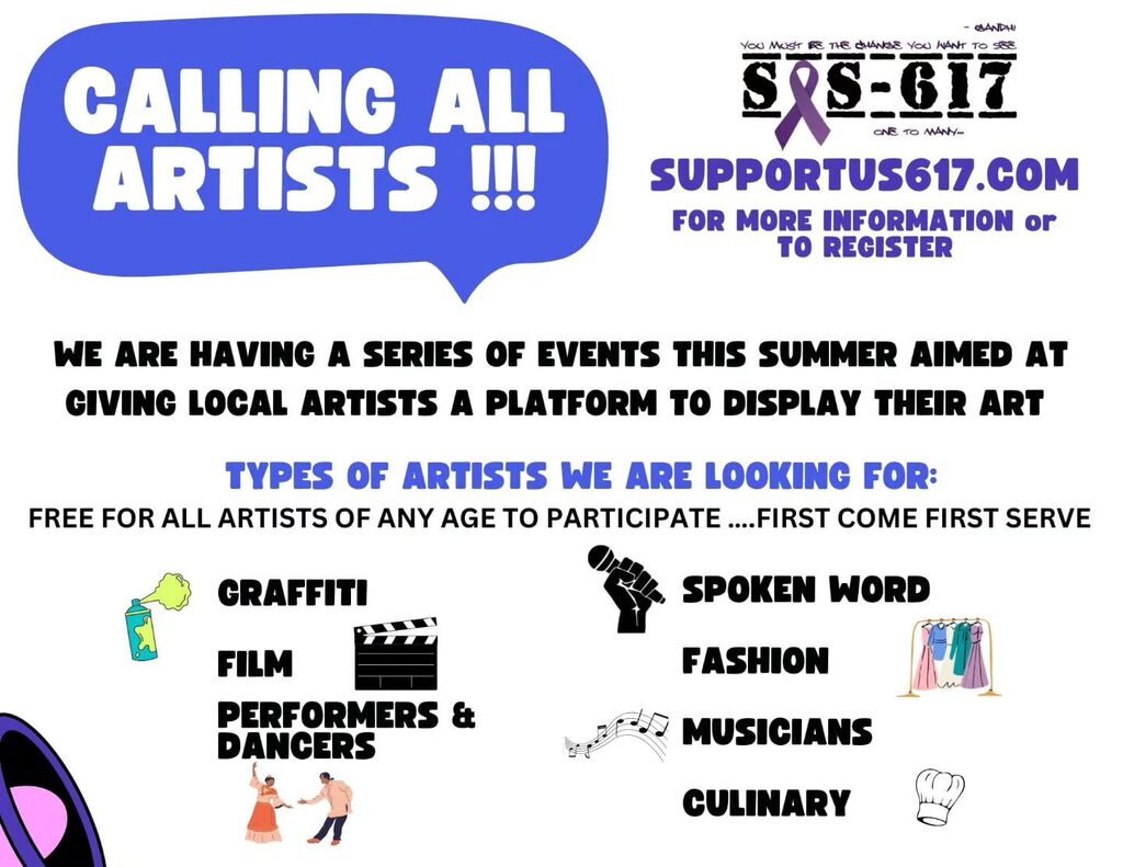 DJCasperts's tweet photo. Save Our Streets-Boston is hosting a series of events this summer featuring different forms of art each week. It is free for all artists who would to participate by either performing or displaying their art. We are looking for all different forms of art … https://t.co/PSGffEoVHX https://t.co/BWz8wMwDjm