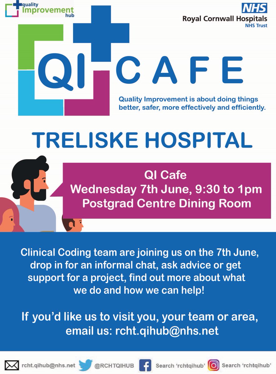 RCHTQIHub's tweet image. #QI Cafe today - 9:30 to 1pm in the Postgrad Centre Dining Room
Pop along and tell us about your improvements or see what we can do for you! Don't forget we have #ClinicalCoding joining us too!
#QITwitter #QICafe @RCHTWeCare