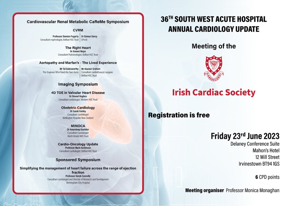 Prof Monica Monaghan FESC PhD MBBCh BSc FRCP (@mmonaghan07) on Twitter photo Very excited to welcome to Fermanagh and hear <a href="/DrDerekConnolly/">Prof Derek Connolly</a> discuss heart failure across the range of ejection fraction at <a href="/irishcardiacsoc/">IrishCardiacSociety</a> #SWAH South West Acute Hospital Annual Cardiology Meeting <a href="/WesternHSCTrust/">Western Trust</a>
<a href="/DamianFog/">Damian Fogarty</a> <a href="/SarahFairley7/">Sarah Fairley</a> <a href="/BHFNI/">BHF Northern Ireland</a> <a href="/cathy_donegal/">Cathy Farrell</a> <a href="/SandraEdoc/">Sandra Elliott</a> Very excited to welcome to Fermanagh and hear <a href="/DrDerekConnolly/">Prof Derek Connolly</a> discuss heart failure across the range of ejection fraction at <a href="/irishcardiacsoc/">IrishCardiacSociety</a> #SWAH South West Acute Hospital Annual Cardiology Meeting <a href="/WesternHSCTrust/">Western Trust</a>
<a href="/DamianFog/">Damian Fogarty</a> <a href="/SarahFairley7/">Sarah Fairley</a> <a href="/BHFNI/">BHF Northern Ireland</a> <a href="/cathy_donegal/">Cathy Farrell</a> <a href="/SandraEdoc/">Sandra Elliott</a>