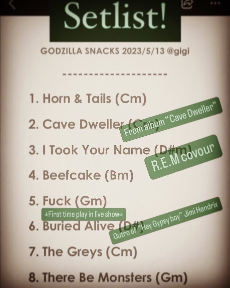 nobu_alg's tweet photo. Setlist of the last show.
Please check it our latest album “There Be Monsters” on Bandcamp or Spotify.
Also follow 
@godzillasnacks and members accounts
@aaronlumguitar
@sucasa_es_micasa https://t.co/57YnLbpWjI