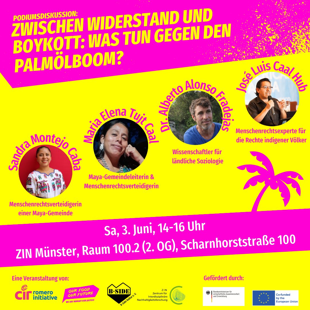 CI_Romero's tweet photo. #Palmöl bedeutet für produzierende Unternehmen: Profit. 💰 Für vom Anbau betroffene Gemeinden in #Guatemala: Verletzungen der #Menschenrechte, Wasserknappheit, Landkonflikte. Bei einer Podiumsdiskussion in #Münster beleuchten wir, wie Widerstand gelingen kann! #SaveTheDate #OFOF https://t.co/P7Ck3a6IZU