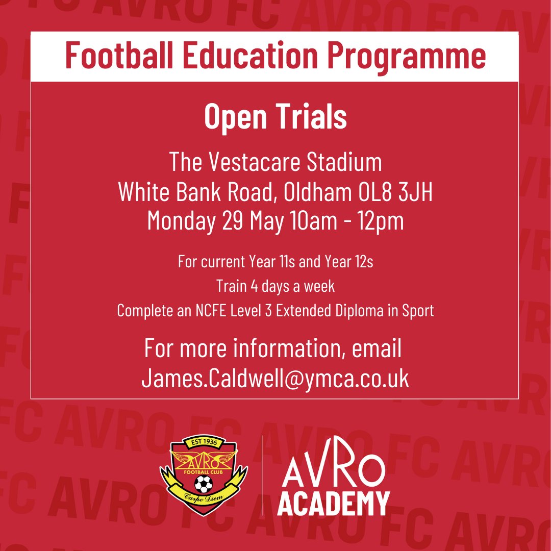 Football Education Programme Open Trials
Monday 29 May 10am-12pm @VestacareStadia Current year 11 & 12s, complete an NCFE Level 3 Extended Diploma in Sport & train 4 times a week.
Contact james.caldwell@ymca.co.uk
#footballeducation #oldham #oldhamsport @AvroFE @AvroFC
