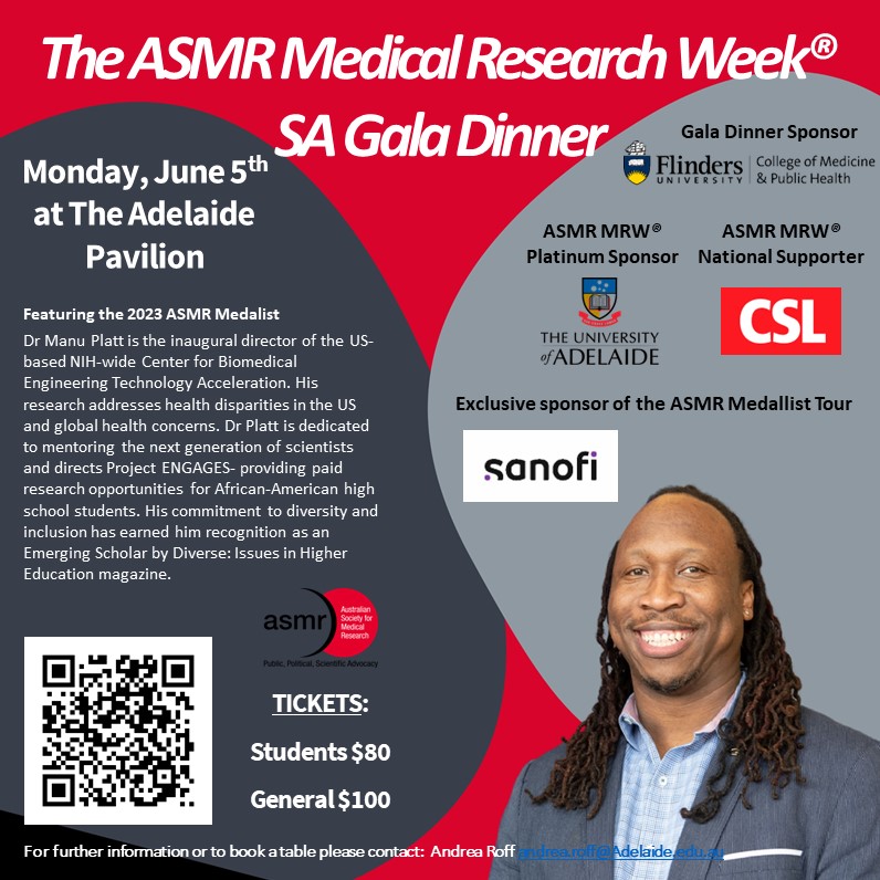 Register now for the ASMR Medical Research Week® South Australian Gala Dinner to hear from Dr Manu Platt, the 2023 ASMR Medalist! asmr.org.au/asmr-mrw/south… 📍The Adelaide Pavillion 📅5 June 2023