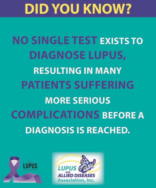 Did you know that no single test exists to diagnose #lupus, resulting in many people often suffering more serious complications before a diagnosis is reached?

<a href="/Lupus_Chat/">#LupusChat</a> <a href="/LupusNE/">Lupus Foundation NE</a> <a href="/Looms4Lupus/">Looms4Lupus</a> <a href="/CaringForLupus/">Caring For Lupus</a> <a href="/KellyFund4Lupus/">KellyFund4Lupus</a> <a href="/LupusIL/">Lupus Society of IL</a>

#LupusAwarenessMonth #LupusAwareness
