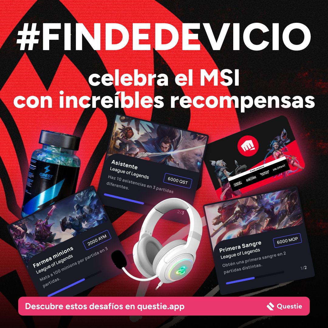 JoinQuestie's tweet photo. 🚧MANOS ARRIBA 🖐️🚧
Hemos creado el #FINDEDEVICIO 😈

Para celebrar el #MSI2023 del LOL, este finde necesitamos valientes dispuestos a viciarse en nuestros desafíos exclusivos😏

Juega y disfruta de la lluvia de premios que tenemos para ti 🎁🎁🎁

⏳[19/05 - 22/05]⌛️